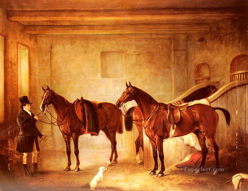 Sir John Thorold Bay Hunters With Their Groom In A Stable horse John Ferneley Snr Oil Paintings